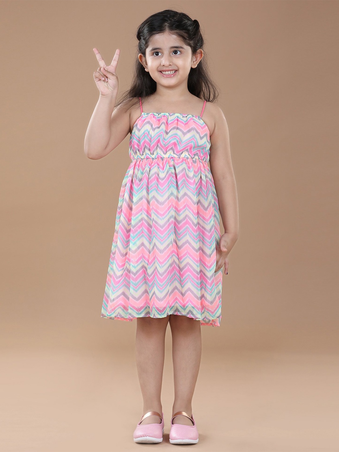 

Hola Bonita Girls Geometric Printed Shoulder Straps Georgette Empire Dress, Pink
