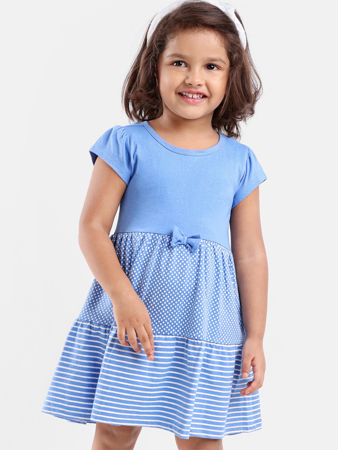 

Hola Bonita Girls Striped Puff Sleeves Bow Detail Cotton Fit & Flare Dress, Blue