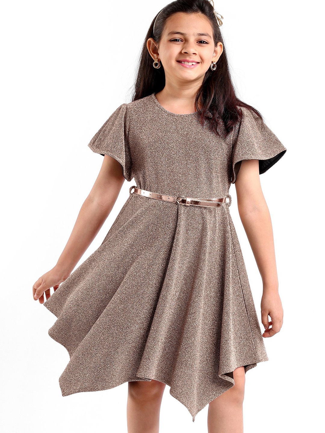 

Hola Bonita Girls Self Design Round Neck Flared Sleeves Sheen Fit and Flare Dress, Taupe