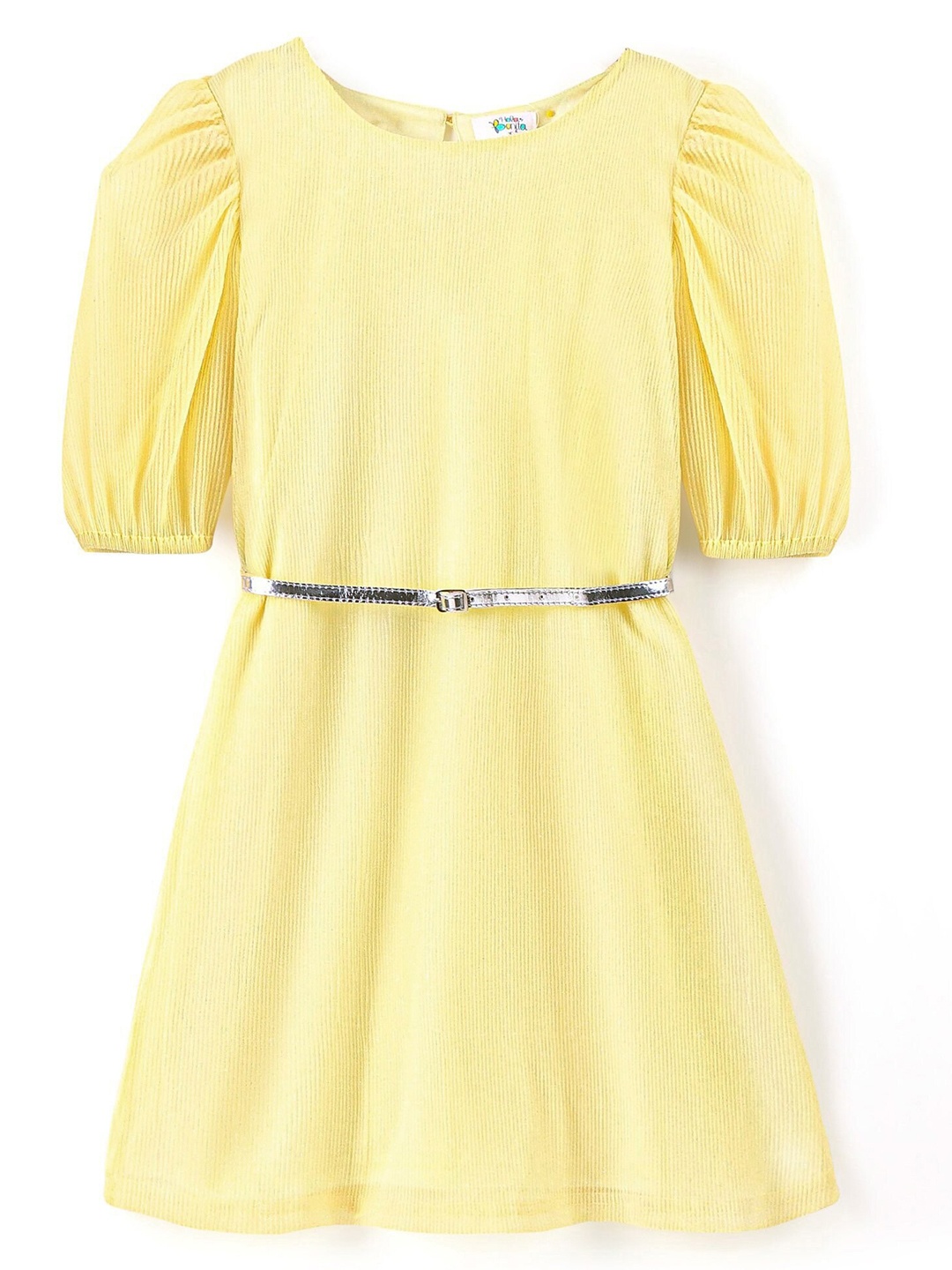 

Hola Bonita Self Designed Puff Sleeves Belted Fit & Flare Dress, Yellow