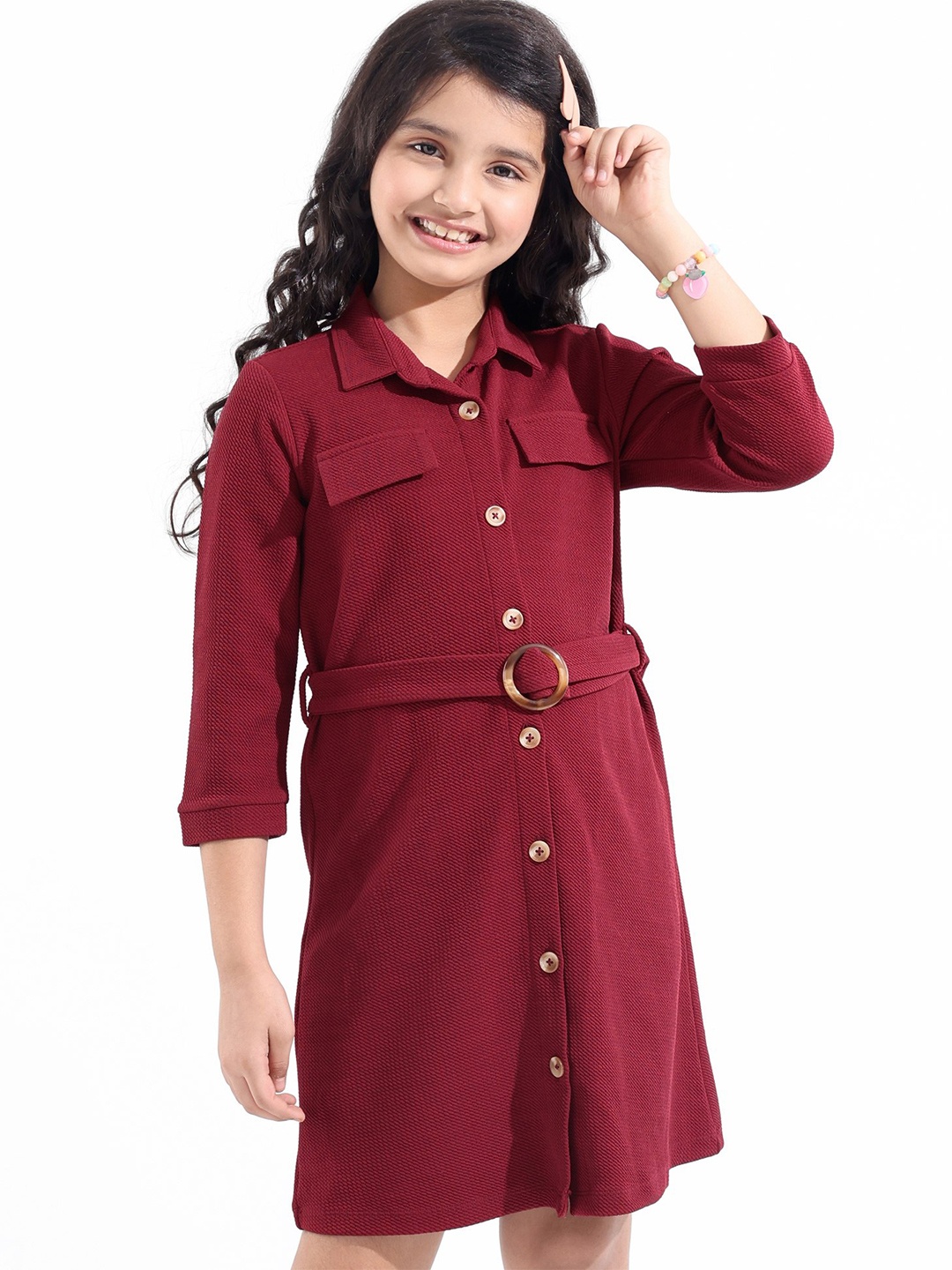 

Hola Bonita Girls Self Design Textured Shirt Dress, Maroon