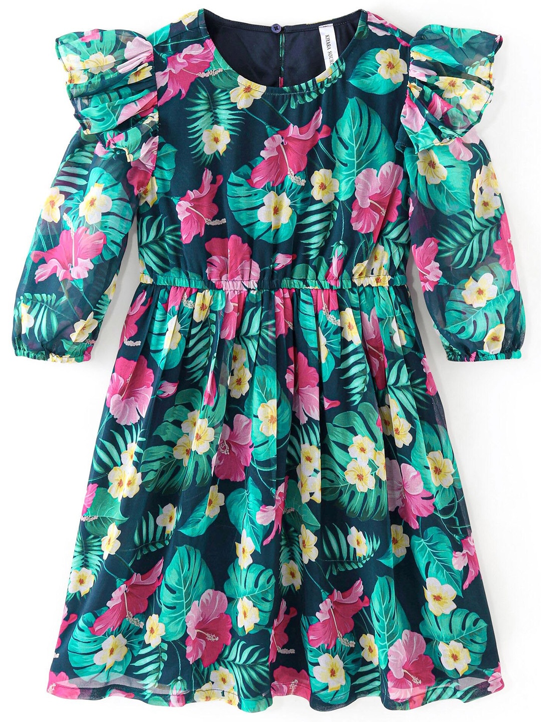 

Hola Bonita Girls Floral Print Puff Sleeve Layered Georgette Fit & Flare Casual Dress, Navy blue