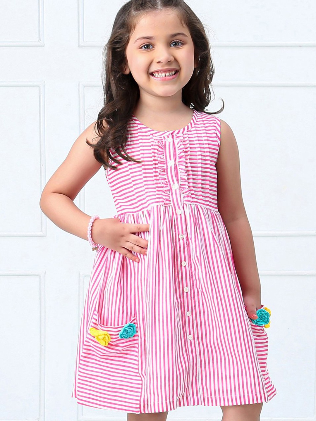 

Hola Bonita Girls Striped Cotton Sleeveless Fit & Flare Casual Dress, Pink