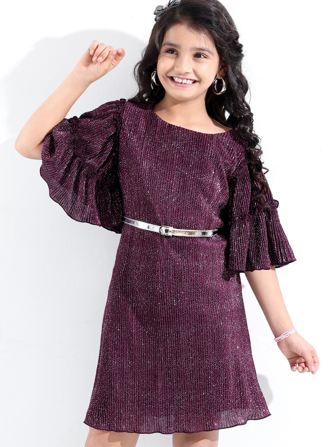

Hola Bonita Girls Round Neck Three-Quarter Flared Sleeve Fit & Flare Dress, Purple