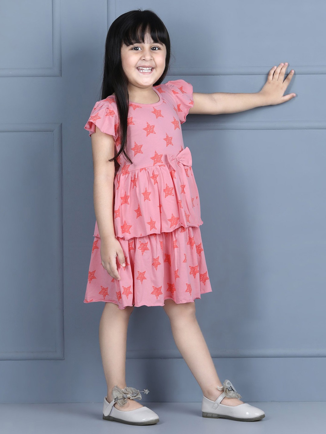 

Hola Bonita Girls Abstract Print Cotton Flutter Sleeve Layered A-Line Dress, Pink