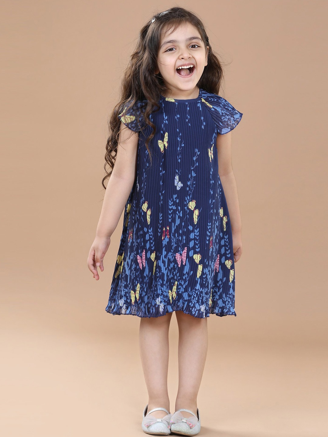 

Hola Bonita Girls Floral Print Short Sleeves Pleated Frock Dress, Navy blue