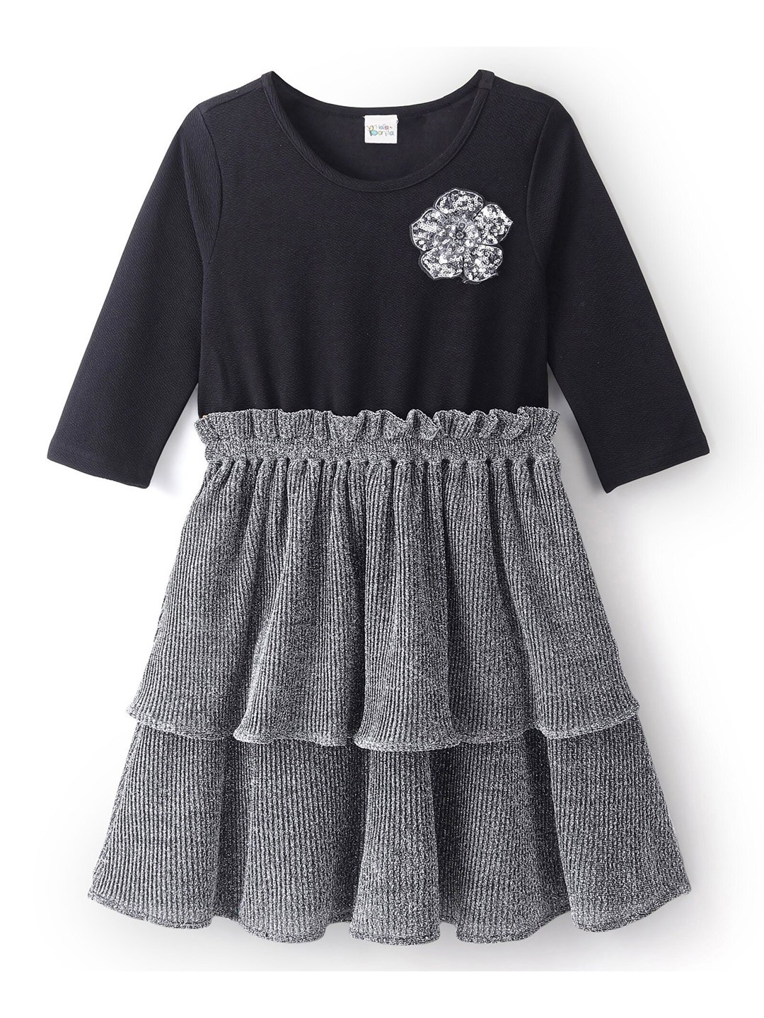 

Hola Bonita Girls Round Neck Long Sleeves Corsage Fit & Flare Casual Dress, Black
