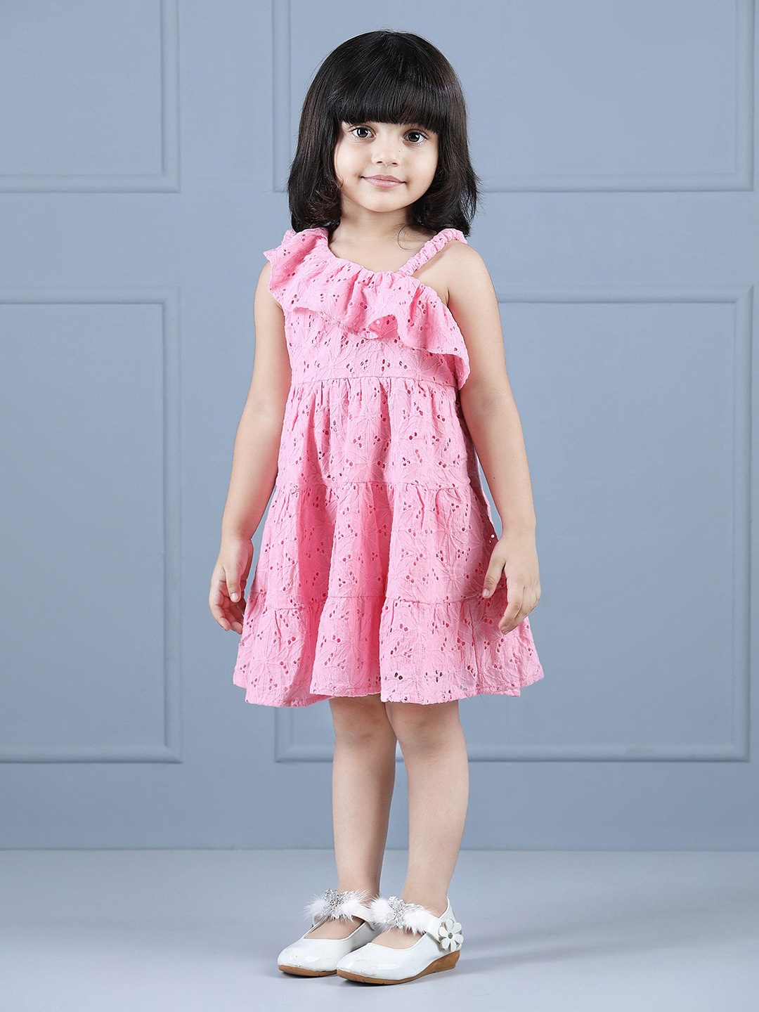 

Hola Bonita Girls Floral Self Design Cotton Sleeveless Layered A-Line Casual Dress, Pink