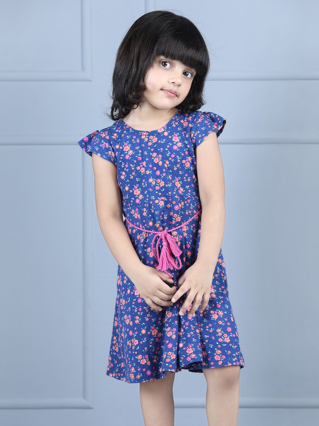 

Hola Bonita Girls Floral Printed Pure Cotton Fit & Flare Dress, Navy blue