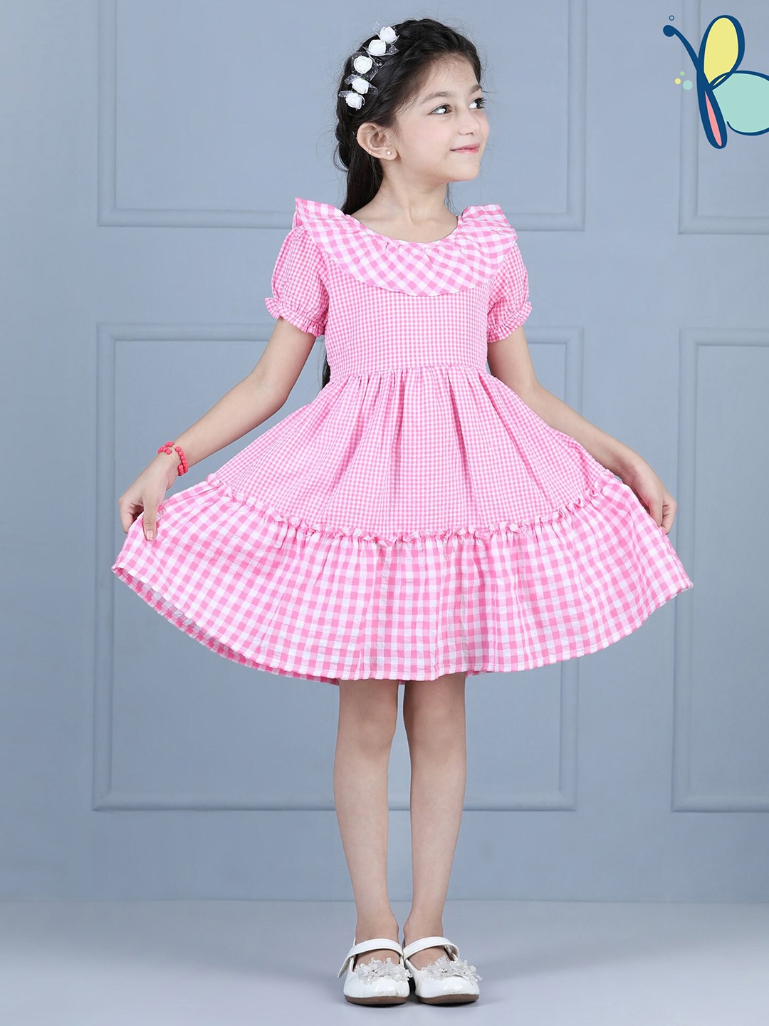 

Hola Bonita Girls Checked Puff Sleeve Layered Fit & Flare Dress, Pink