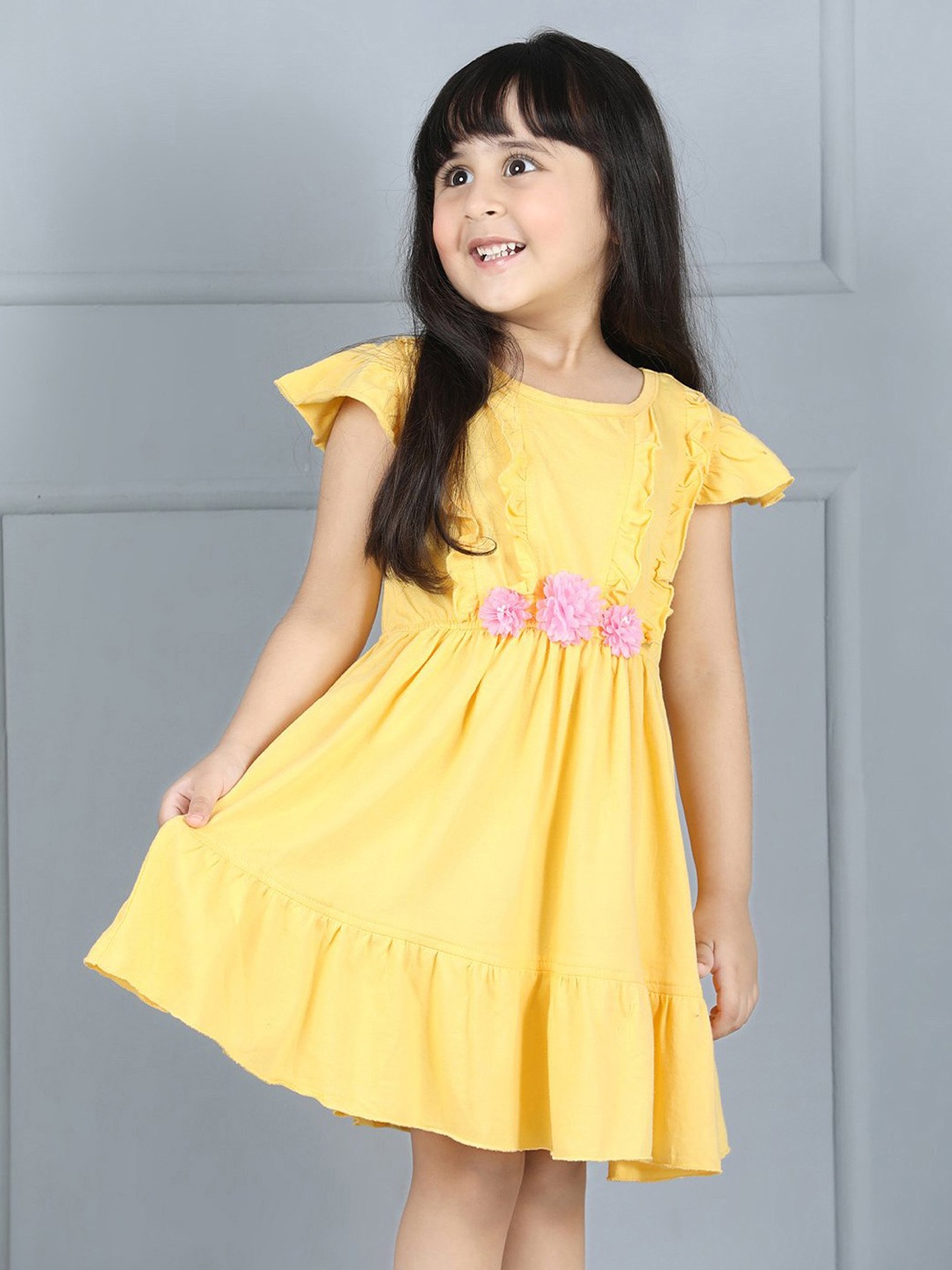 

Hola Bonita Girls Flutter Sleeve Floral Corsage Pure Cotton Fit & Flare Dress, Yellow