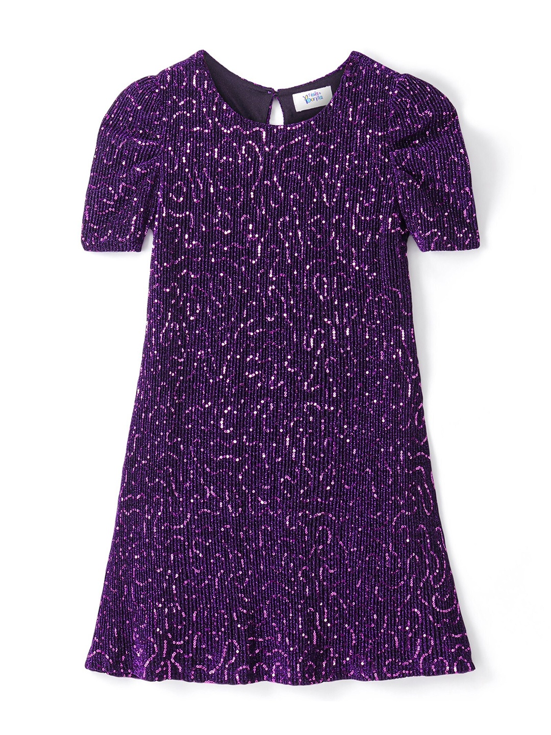 

Hola Bonita Girls Embellished Print Puffed Sleeves Net A-Line Dress, Purple