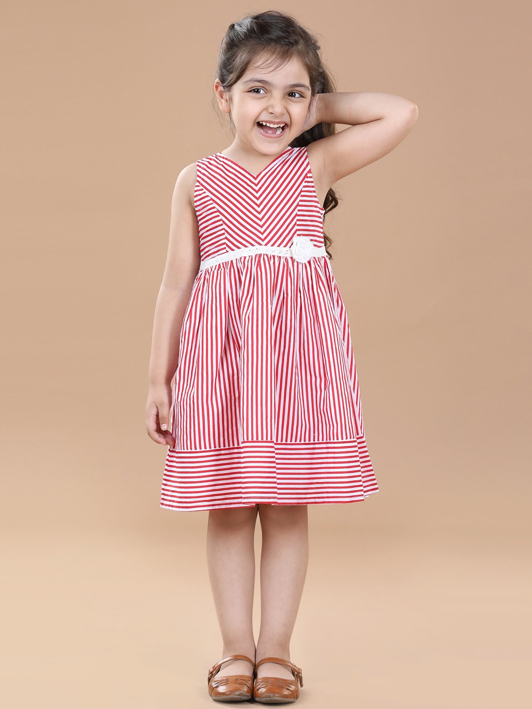 

Hola Bonita Girls Striped V-Neck Corsage Detailed Cotton A-Line Dress, Red