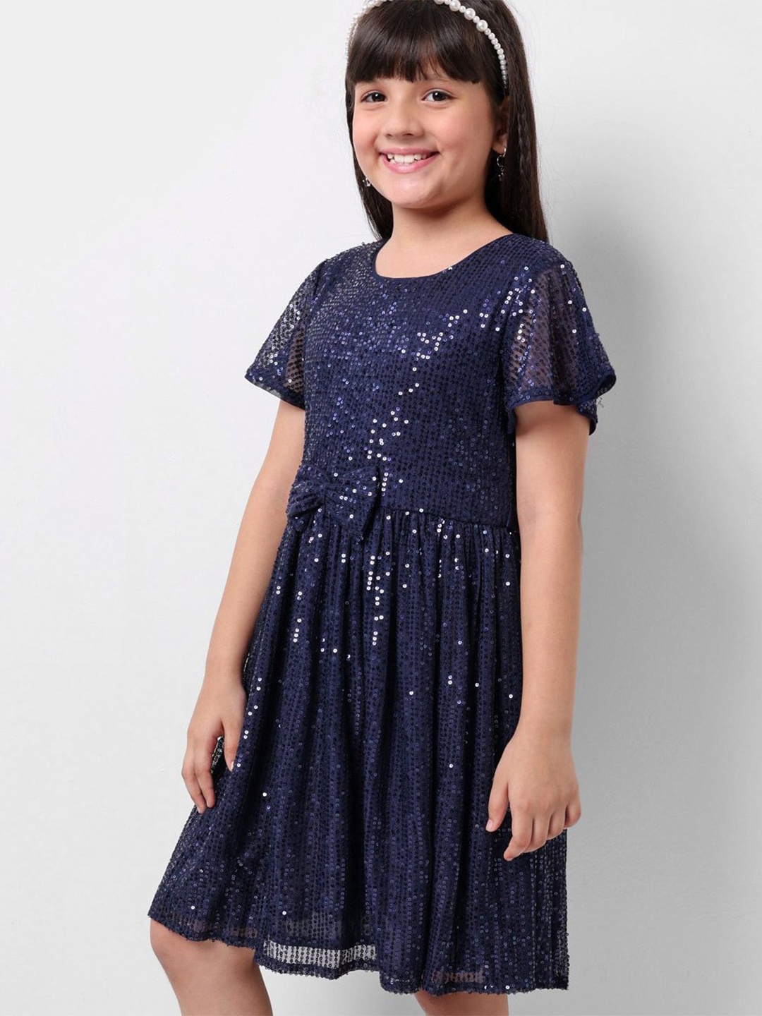 

Hola Bonita Girls Embellished Round Neck Net Fit & Flare Dress, Navy blue