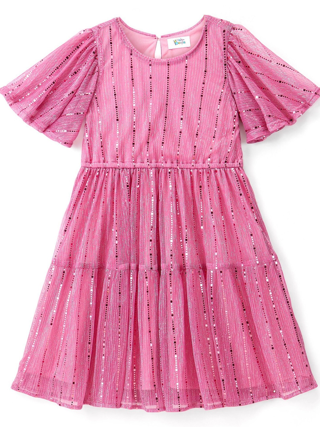 

Hola Bonita Girls Round Neck Short Flared Sleeve Net Fit & Flare Dress, Pink