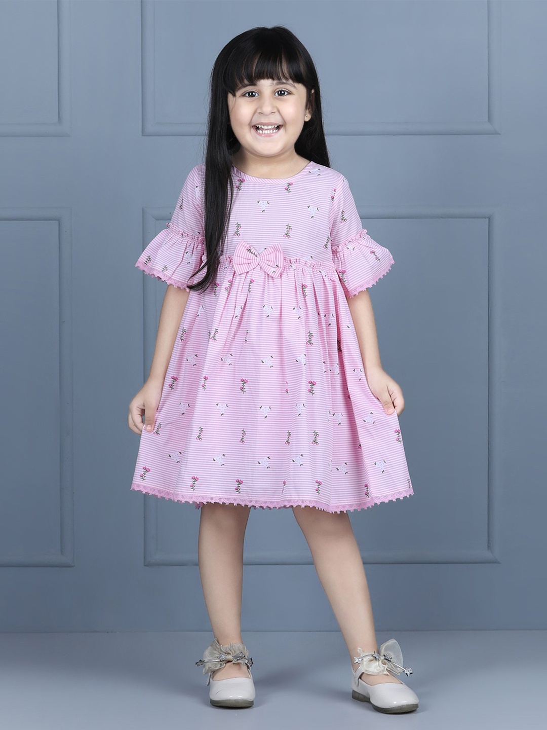 

Hola Bonita Girls Floral Print Bell Sleeve Pure Cotton A-Line Dress, Pink
