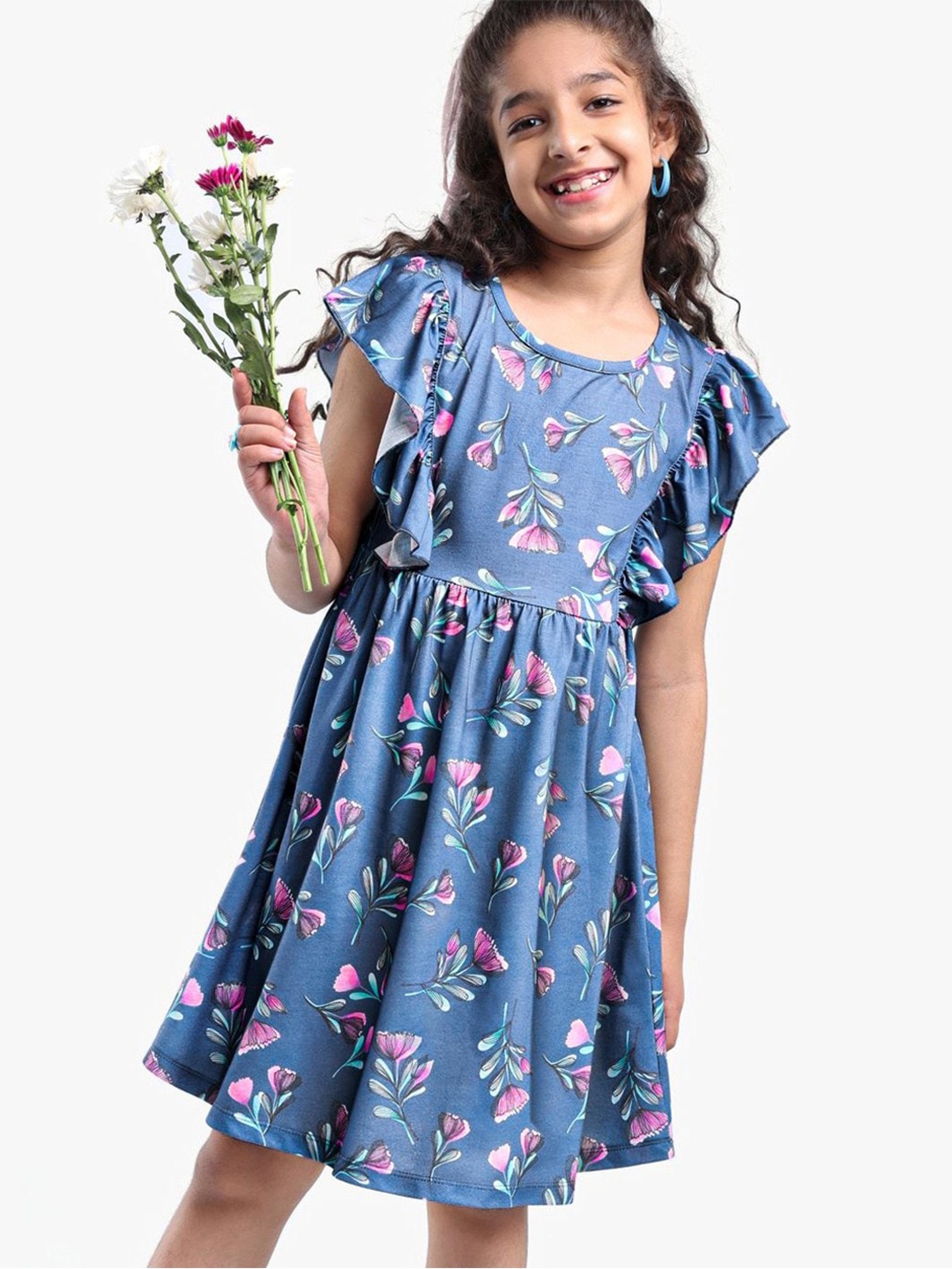 

Hola Bonita Girls Floral Printed Flutter Sleeves Fit & Flare Dress, Blue