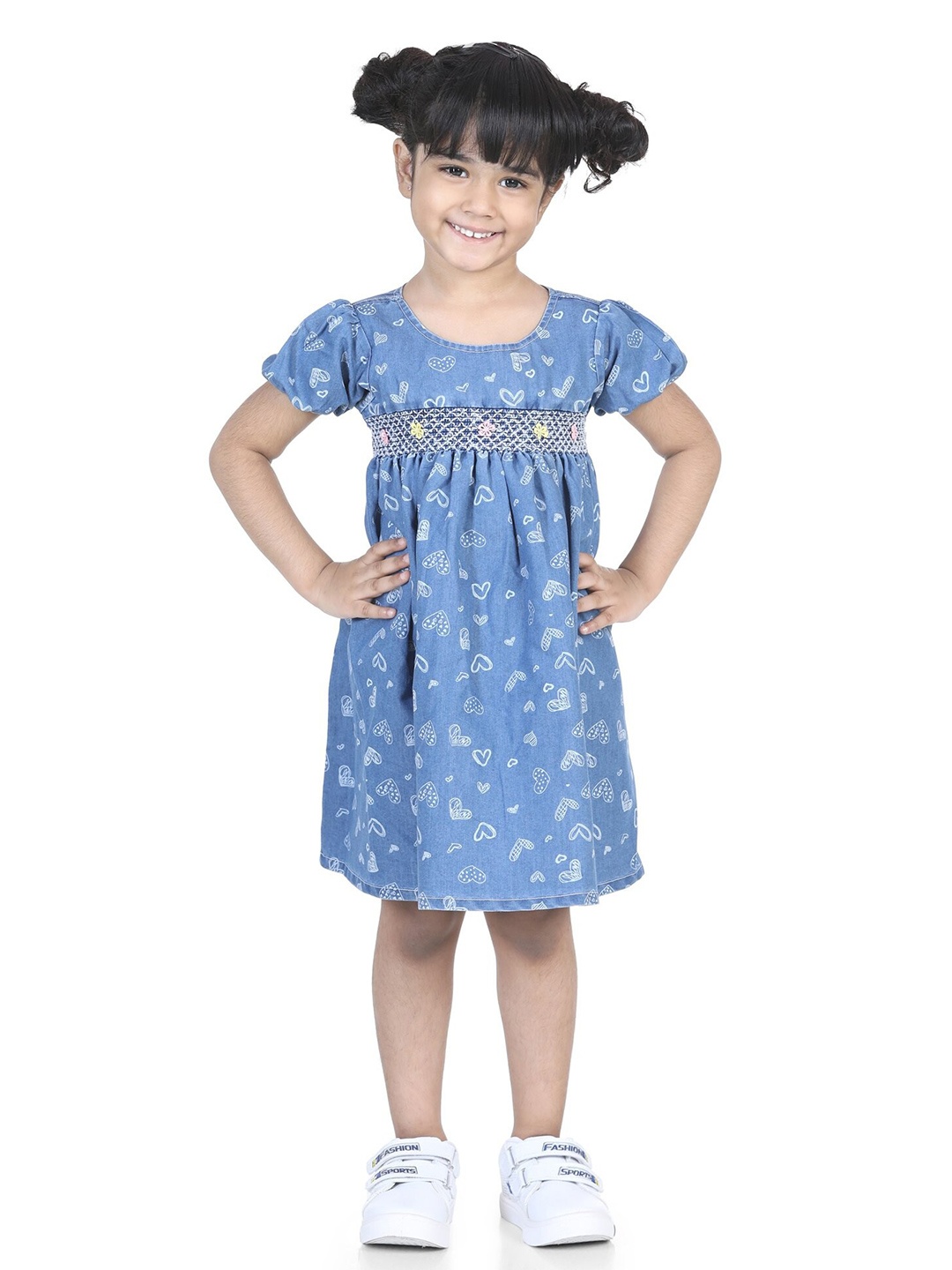 

Hola Bonita Girls Conversational Printed Puff Sleeves Denim A-Line Dress, Blue