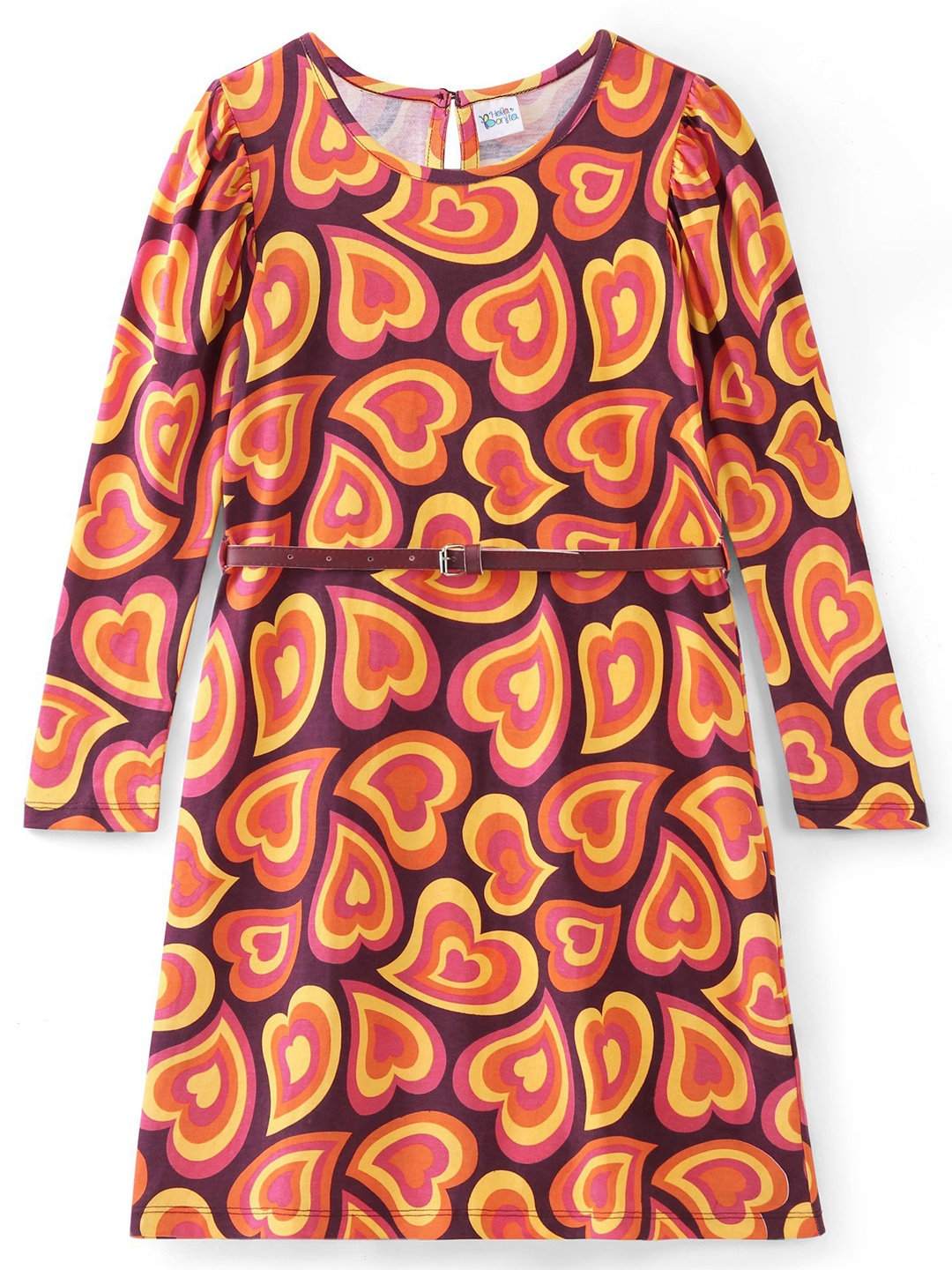 

Hola Bonita Girls Abstract Print Cotton Long Sleeves Peplum Dress Comes With A Belt, Maroon