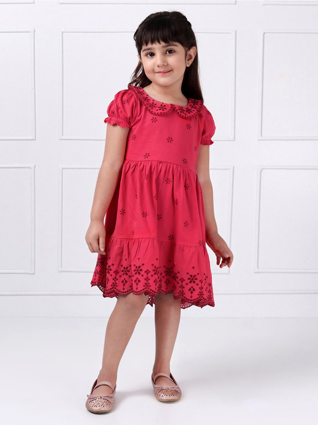 

Hola Bonita Girls Self Design Cotton Puff Sleeve Fit & Flare Casual Dress, Fuchsia