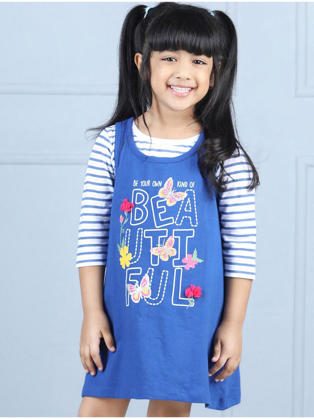 

Hola Bonita Girls Typography Print Cotton Round Neck Layered T-shirt Dress, Blue