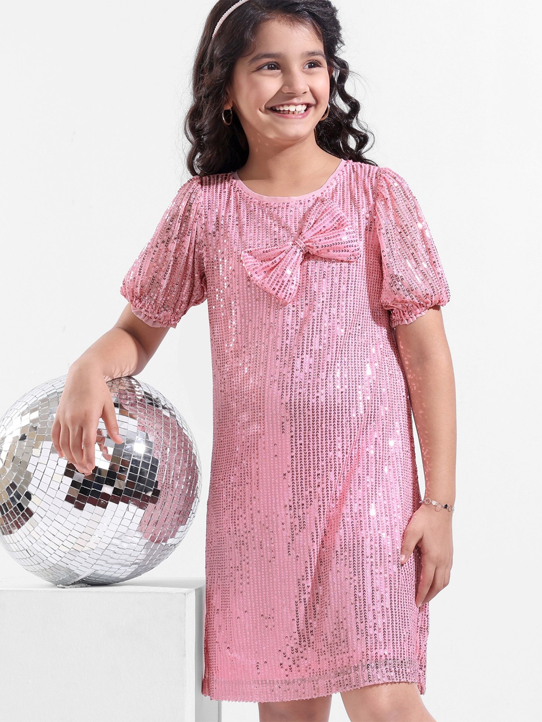 

Hola Bonita Girls Puff Sleeves Sequin Dress & Bow, Pink