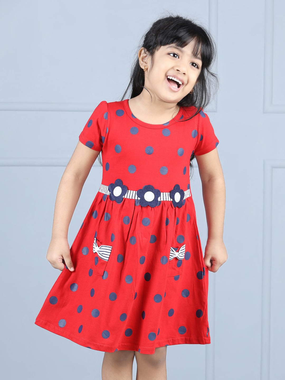 

Hola Bonita Girls Polka Dot Print Applique Pure Cotton Fit & Flare Dress, Red