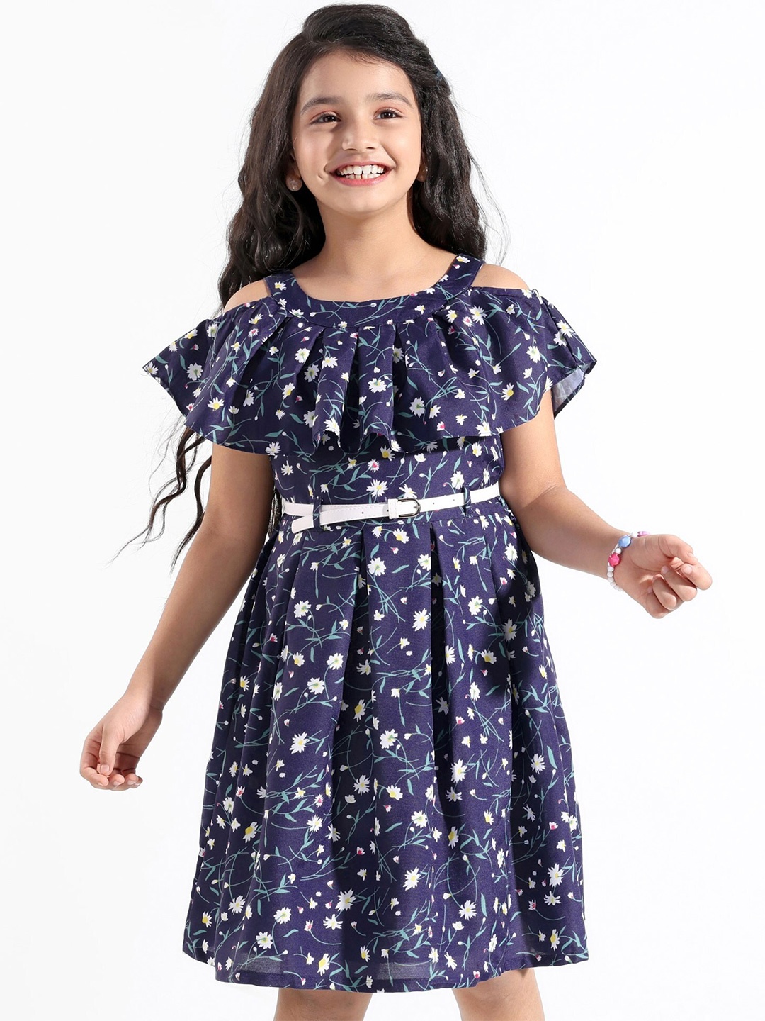 

Hola Bonita Girls Floral Print Cold-Shoulder Layered Fit & Flare Dress With Belt, Navy blue