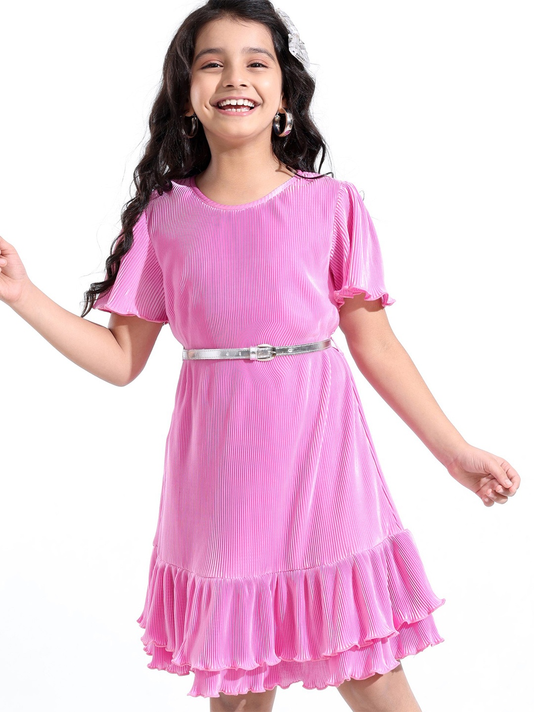 

Hola Bonita Girls Round Neck Pleated A-Line Dress, Pink