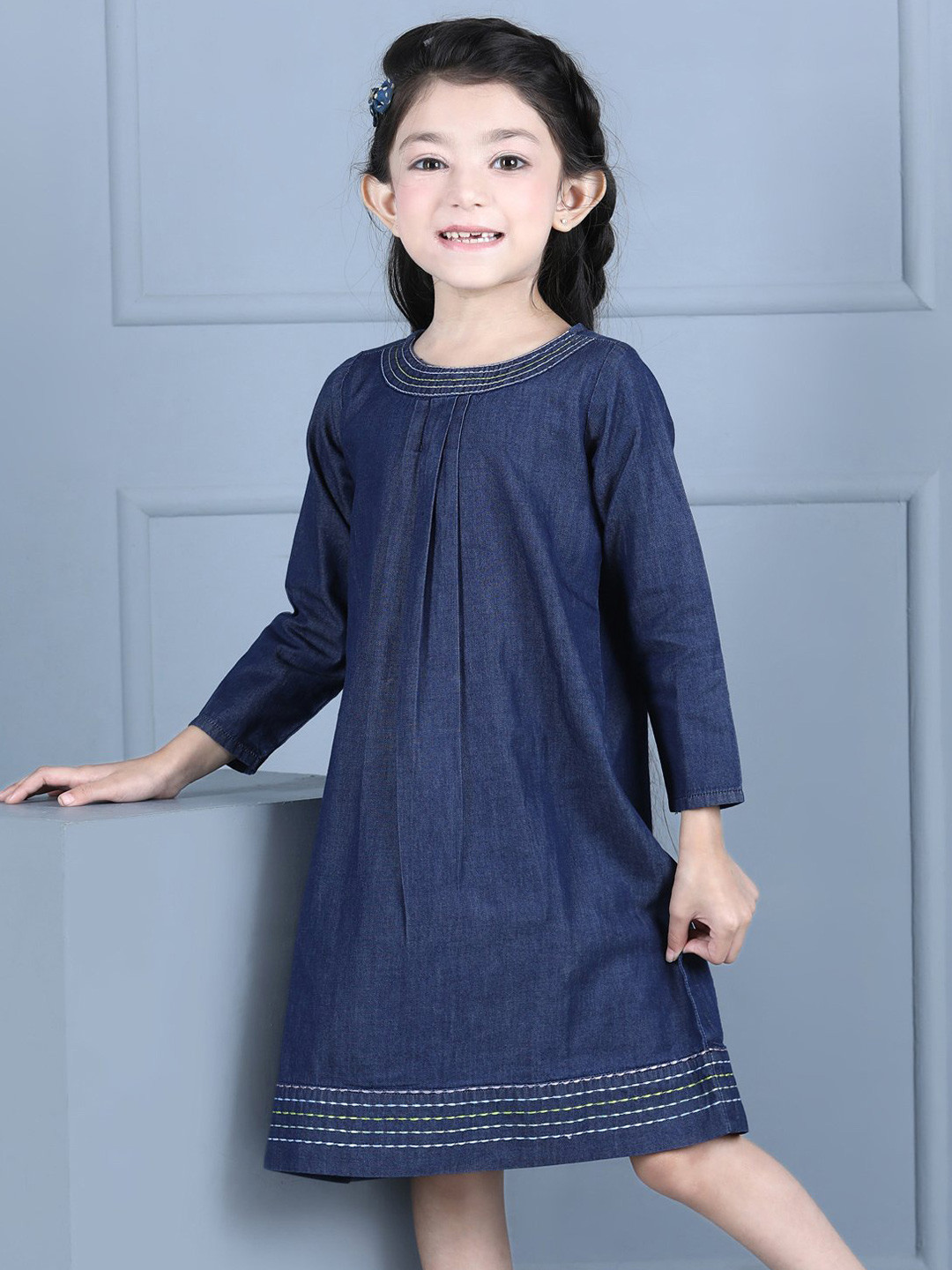 

Hola Bonita Girls Round Neck Long Sleeves Denim A-Line Dress, Blue