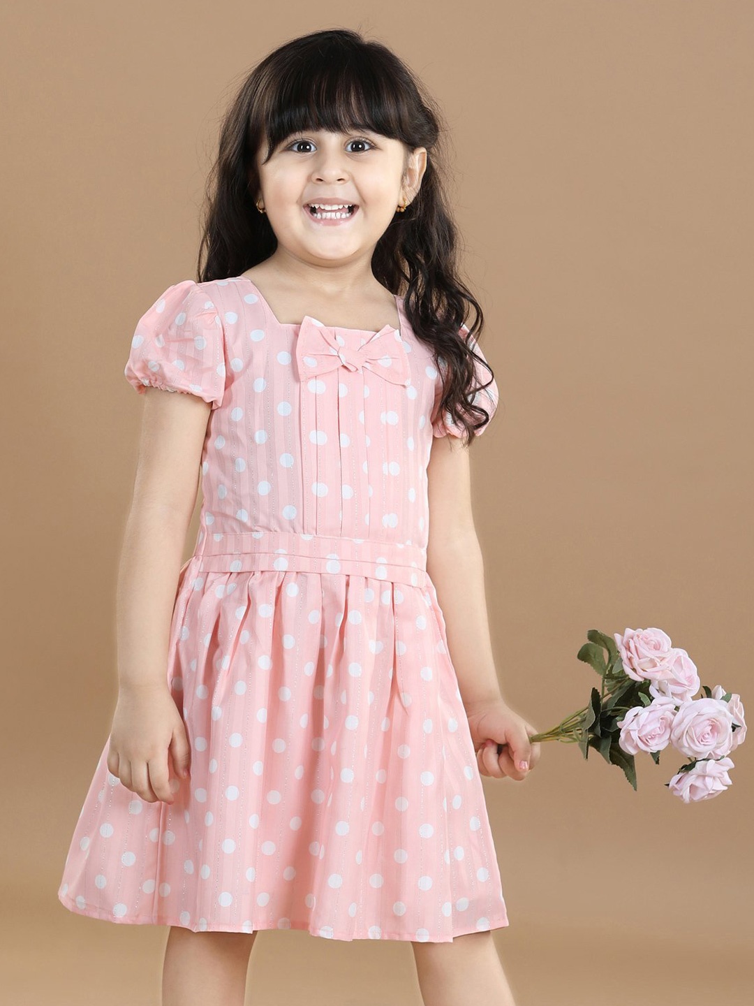 

Hola Bonita Girls Polka Dot Print Round Neck Puff Sleeve Fit & Flare Casual Dress, Peach