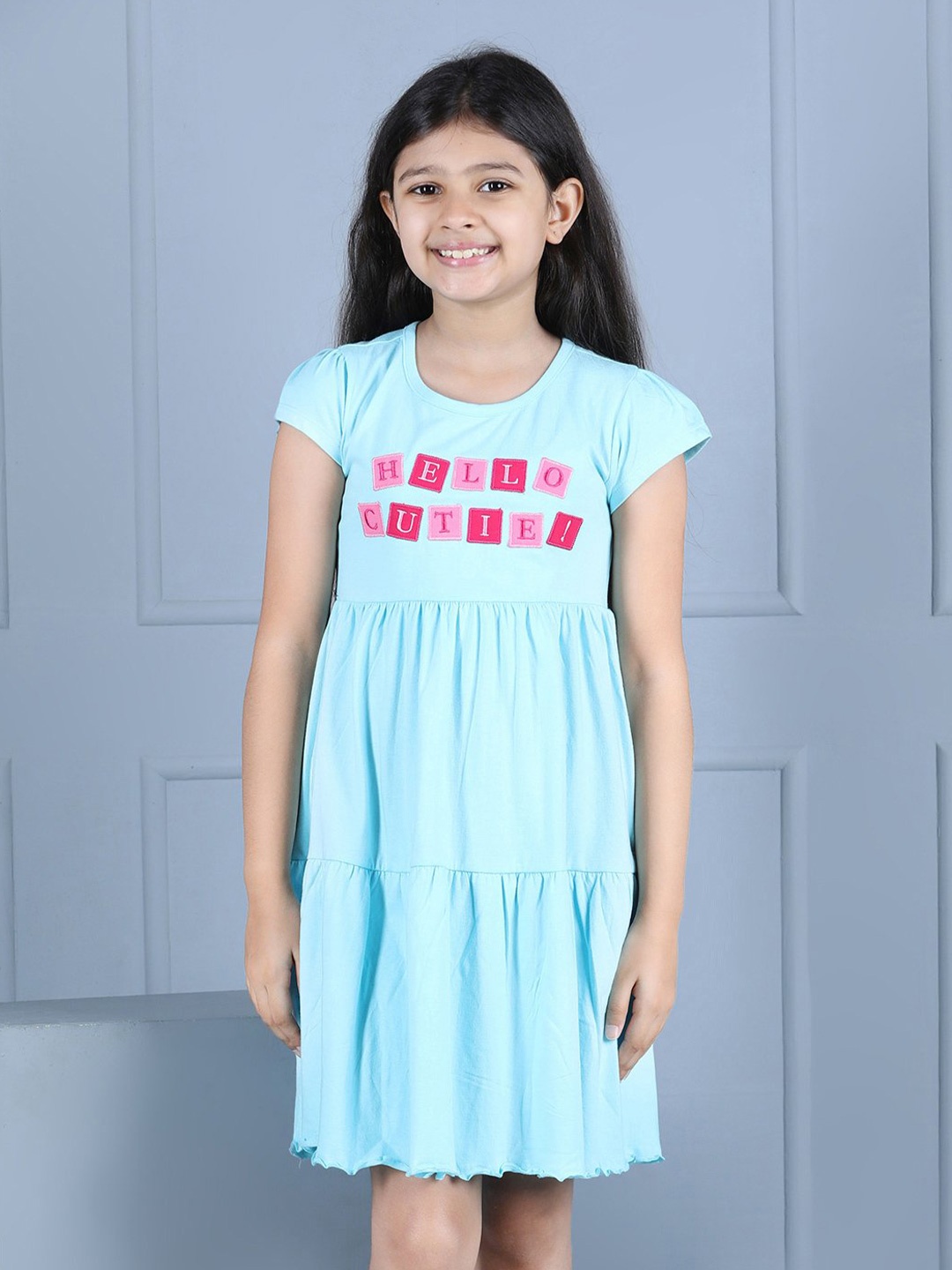 

Hola Bonita Girls Print Ruffled Half Sleeves Fit & Flare Dress, Sea green