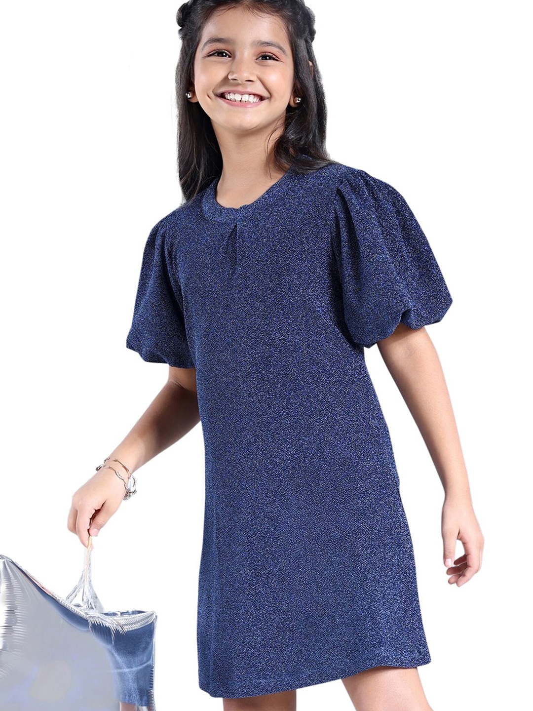 

Hola Bonita Girls Print Puff Sleeves A-Line Dress, Blue