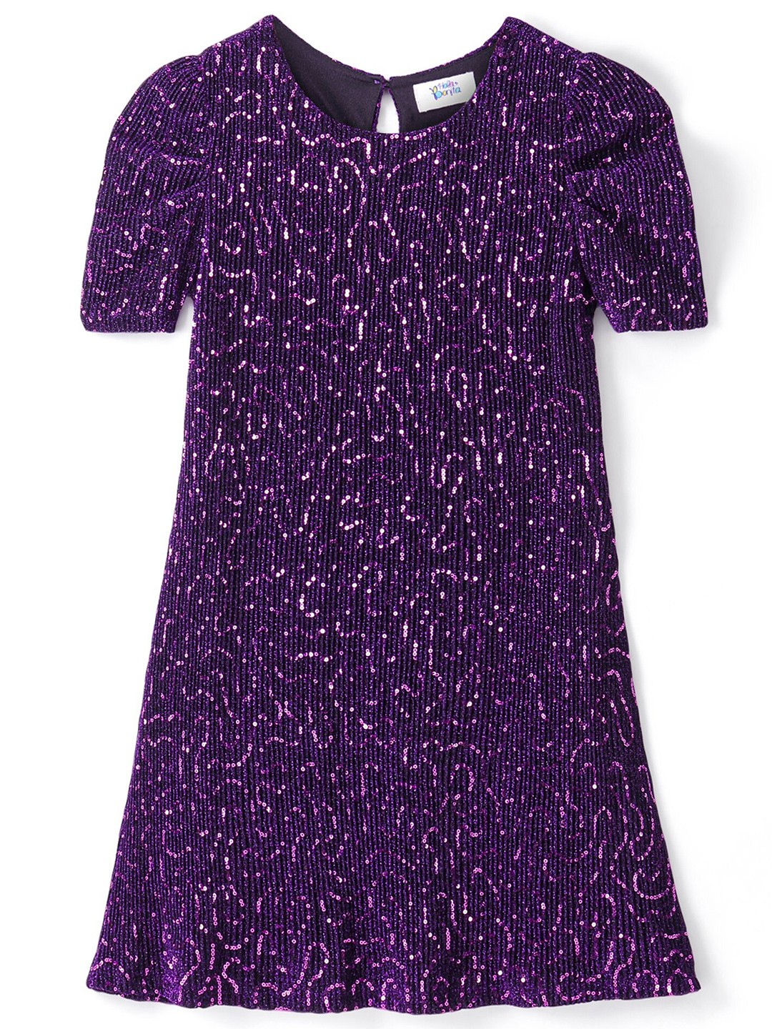 

Hola Bonita Girls Embellished Puff Sleeves Net A-Line Dress, Purple