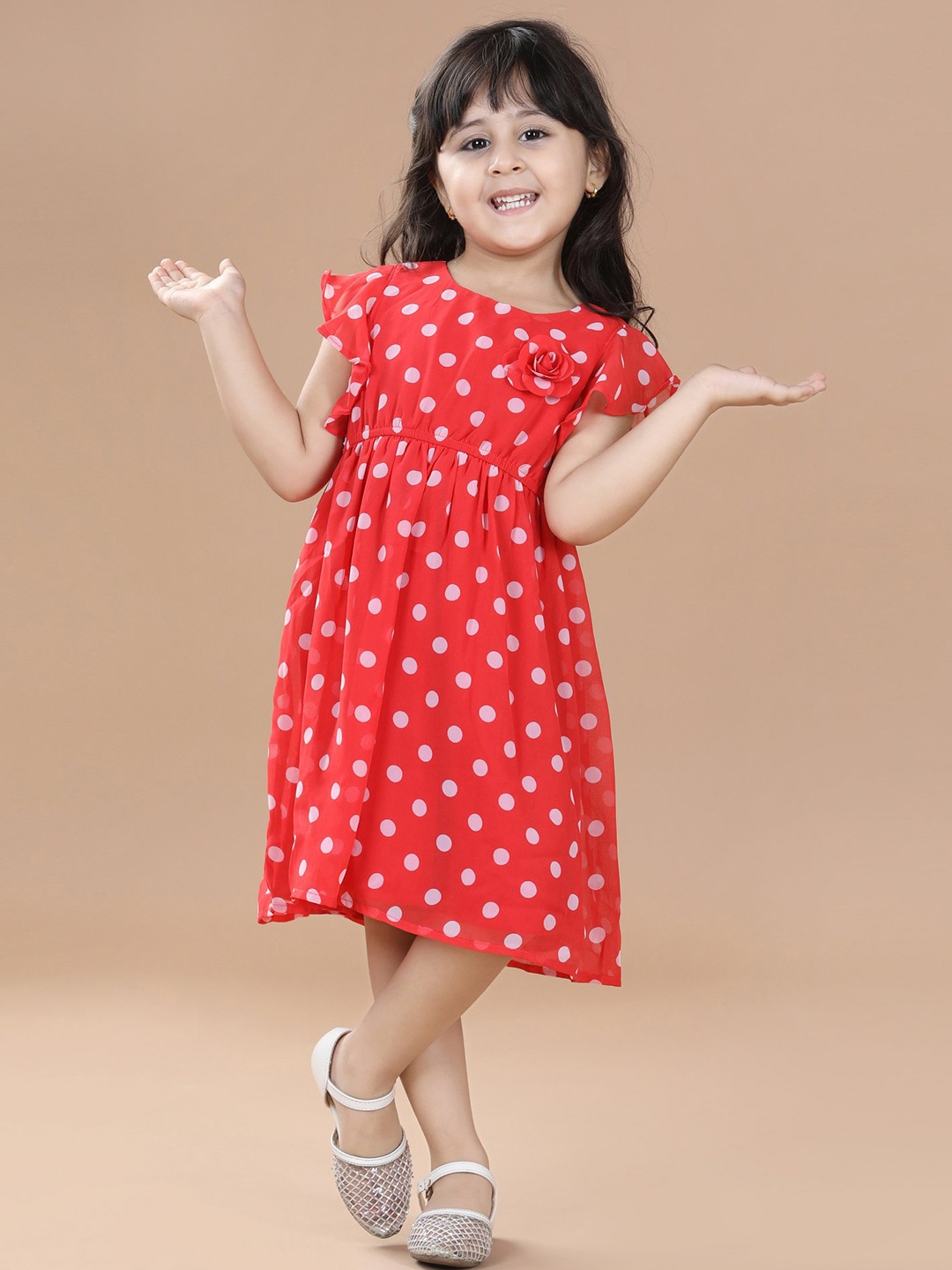 

Hola Bonita Girls Polka Dot Print Georgette A-Line Midi Dress, Red