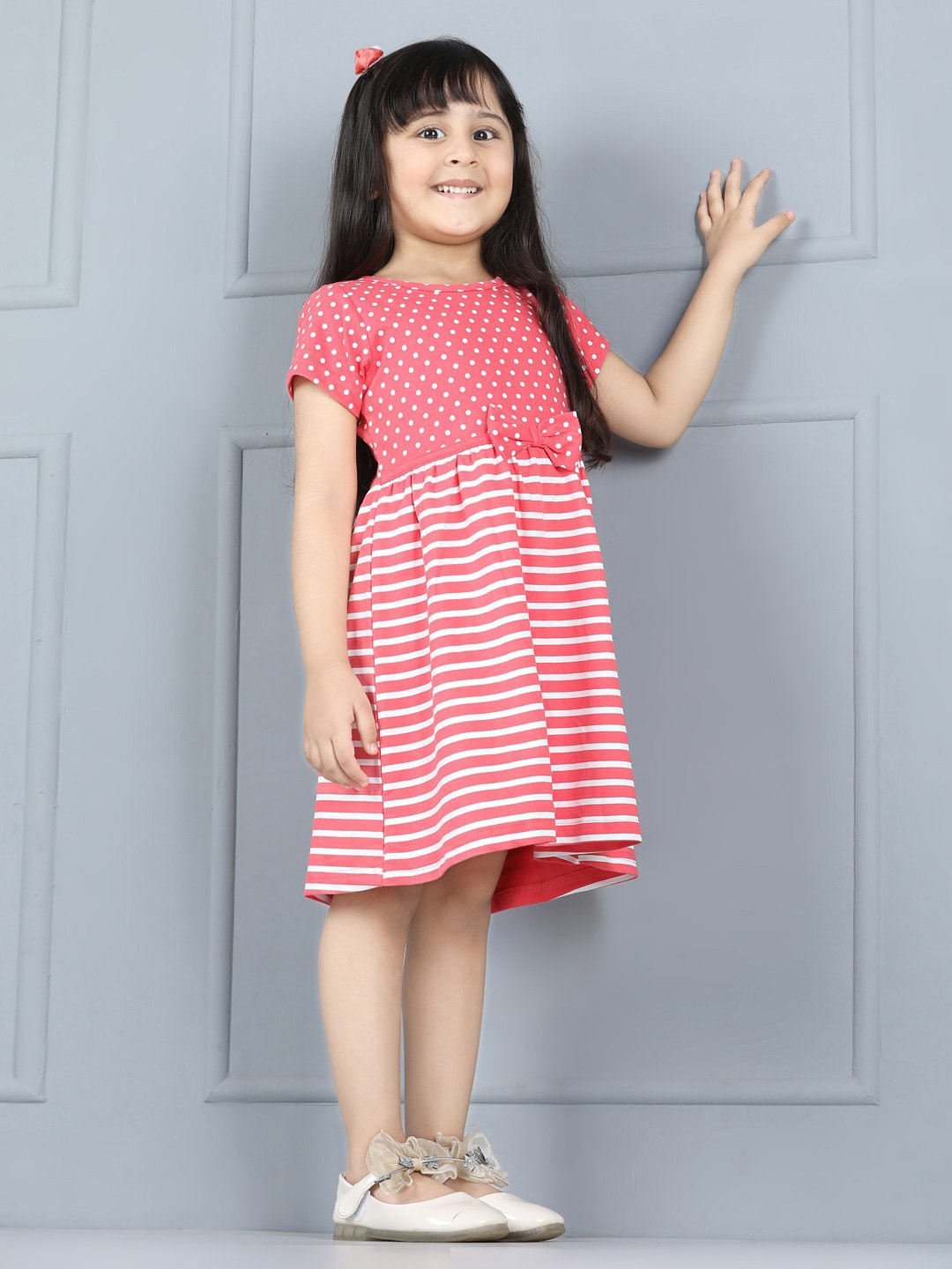

Hola Bonita Girls Striped Bow Pure Cotton Fit & Flare Dress, Coral