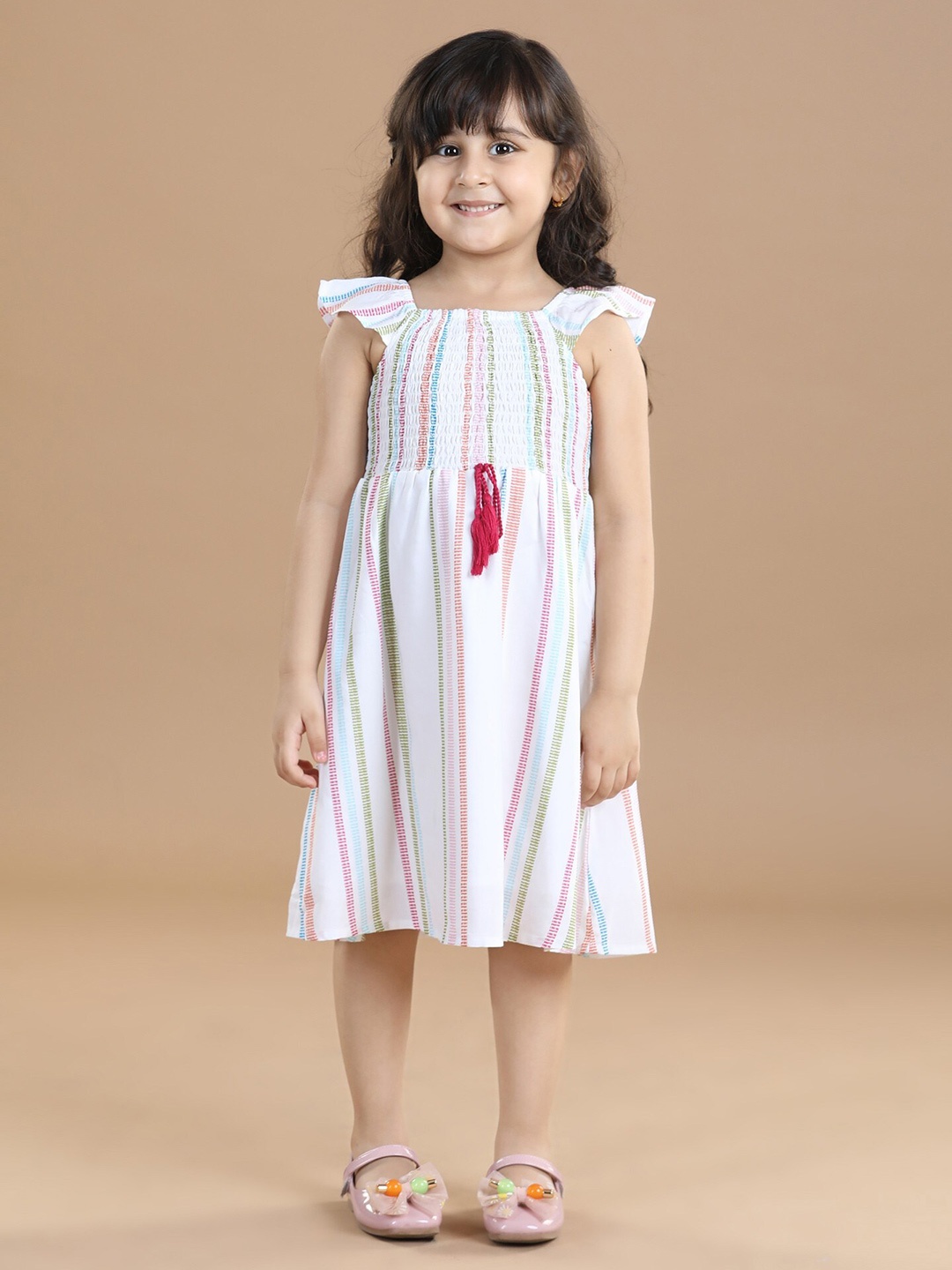 

Hola Bonita Girls Striped Cap Sleeves Smocked A-Line Midi Dress, White