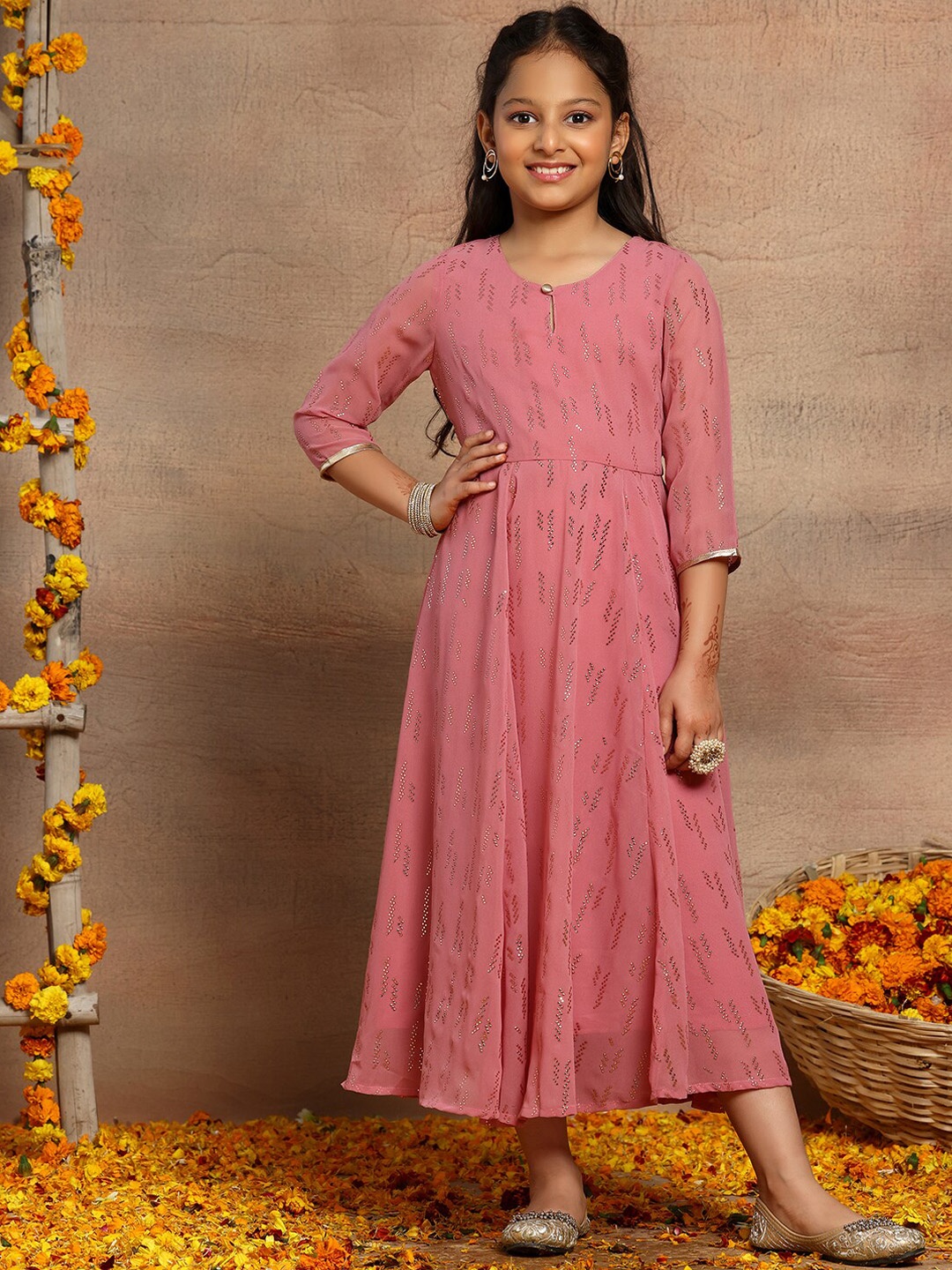 

Miss Indya Girls Embellished Thread Work Georgette Anarkali Kurta, Pink