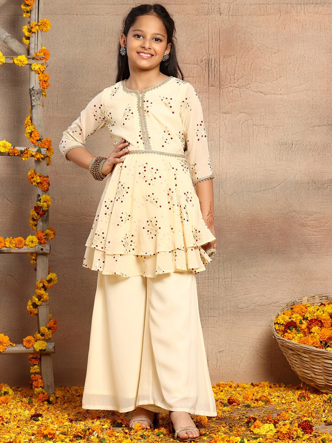 

Miss Indya Girls Floral Printed Layered Kurta with Palazzos, Cream