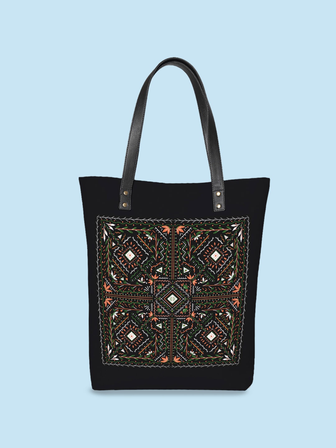 Kalankit Floral Printed Shopper Tote Bag Up to 16 inch, Black