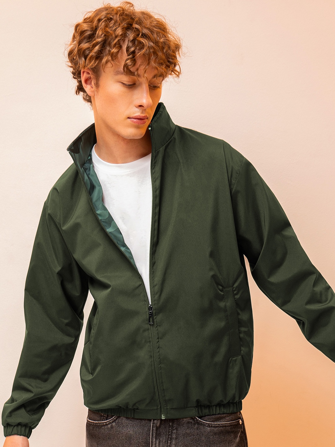 

Beyoung Mock Collar Long Sleeves Reversible Windcheater Cotton Bomber Jacket, Green