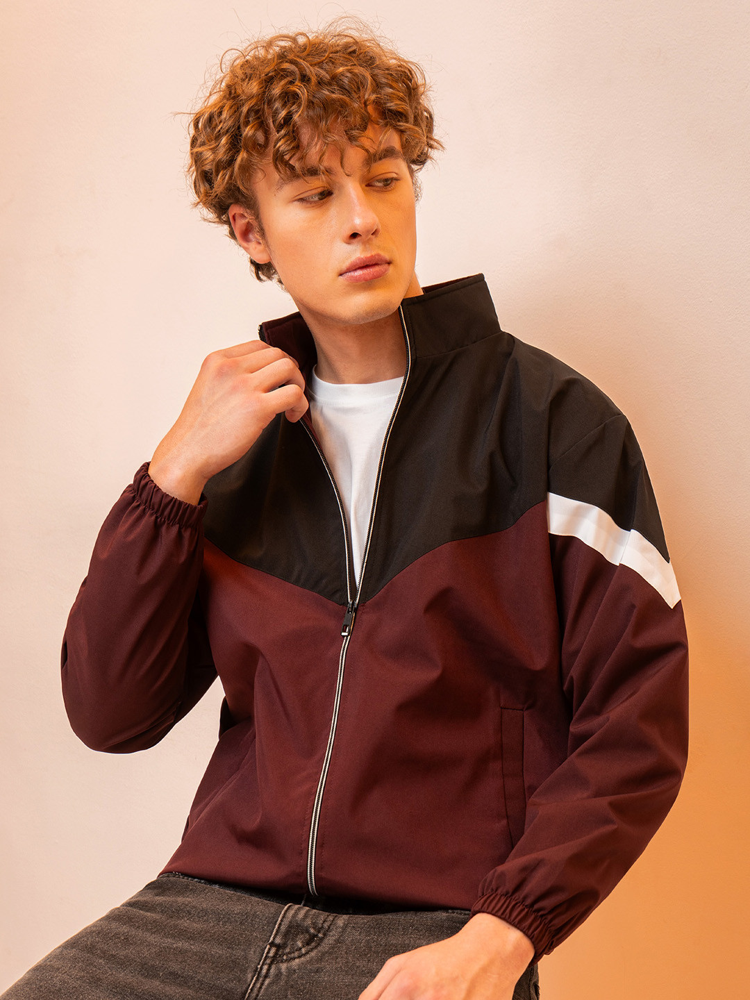 

Beyoung Colourblocked Windcheater Cotton Bomber Jacket, Black
