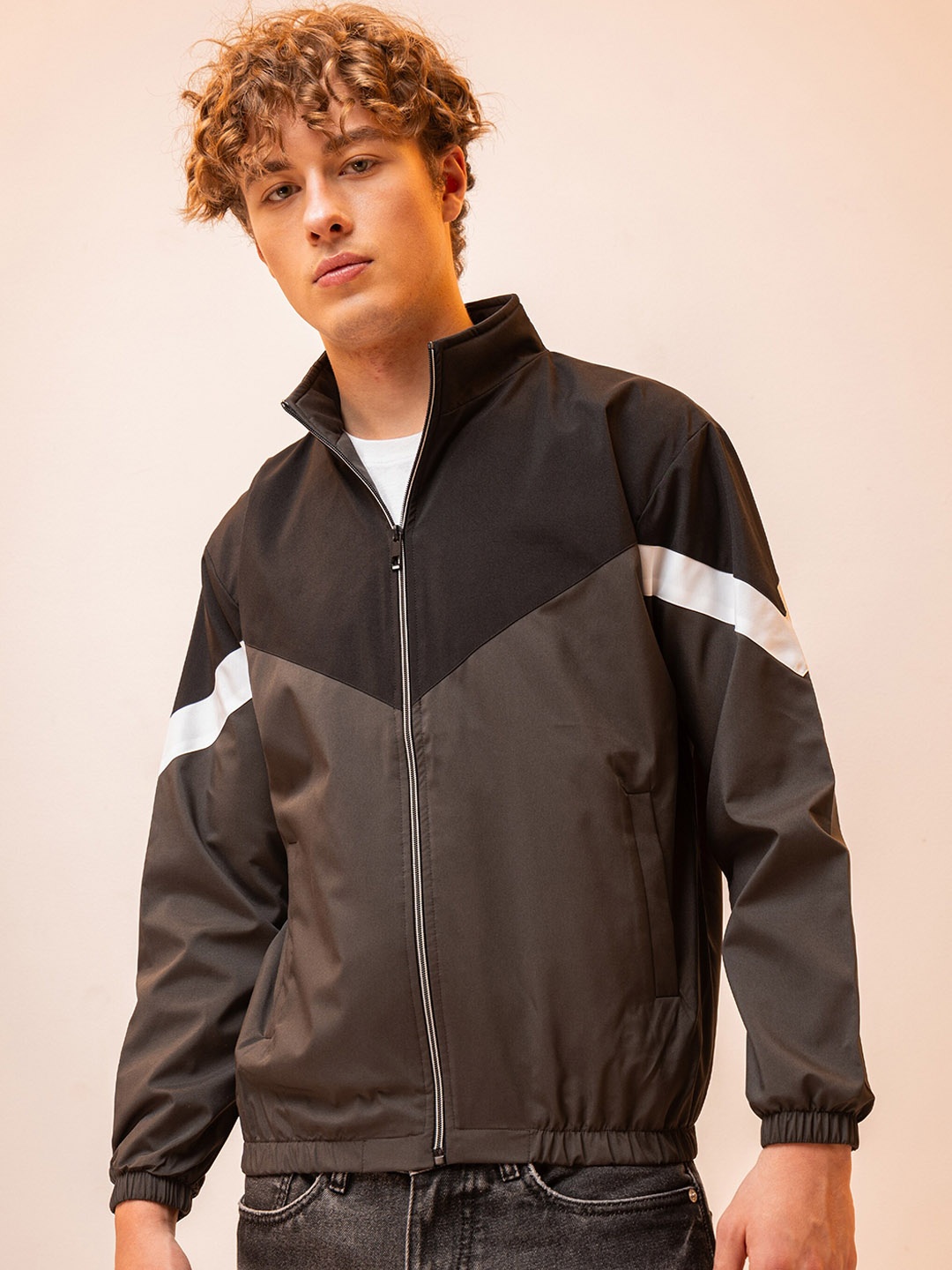 

Beyoung Mock Collar Windcheater Cotton Bomber Jacket, Grey