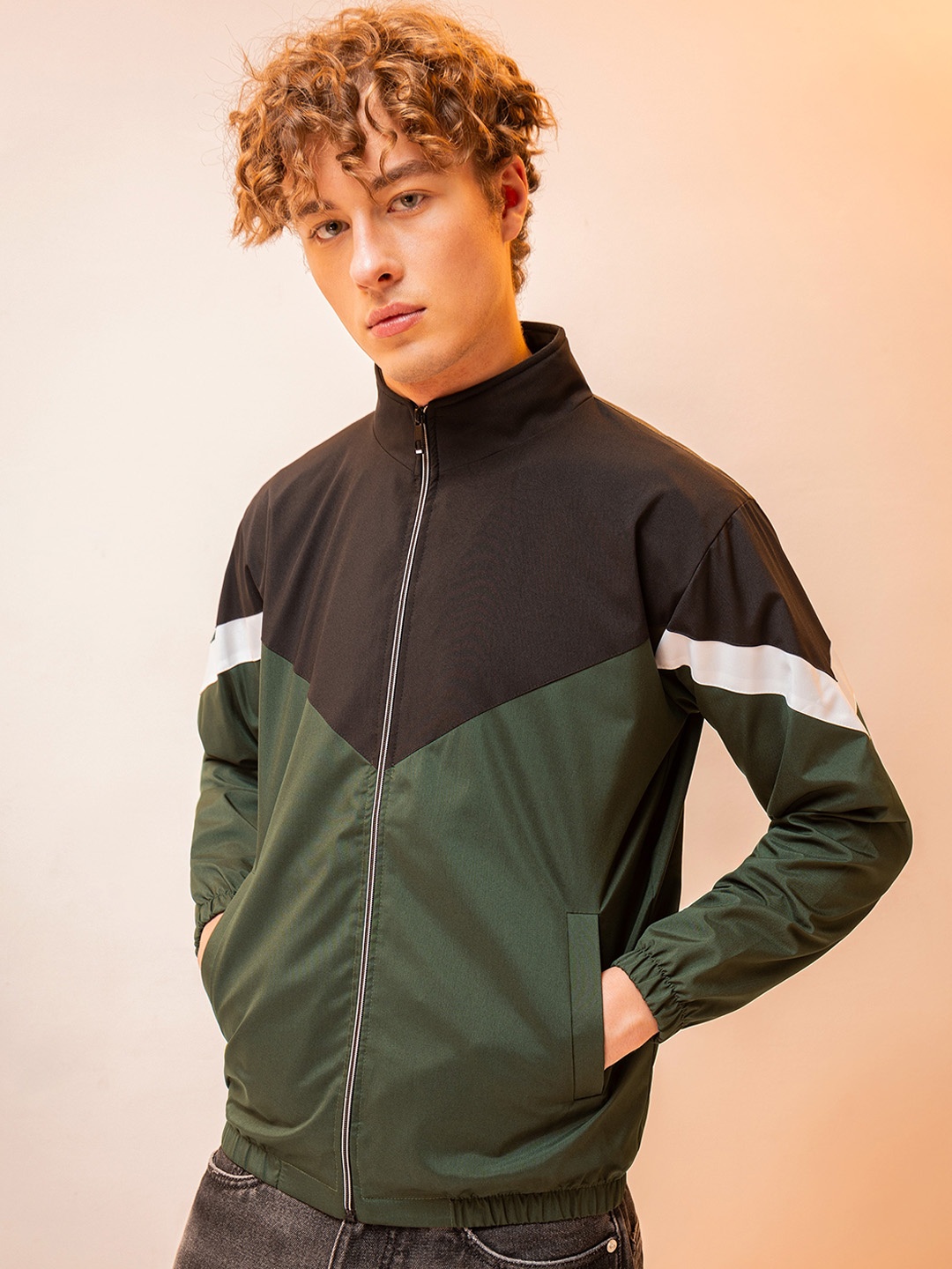 

Beyoung Colourblocked Windcheater Cotton Bomber Jacket, Olive