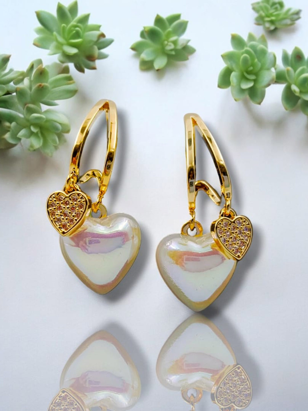 

Manikya Gold-Plated CZ Stone Studded Heart Shaped Stainless Steel Drop Earrings