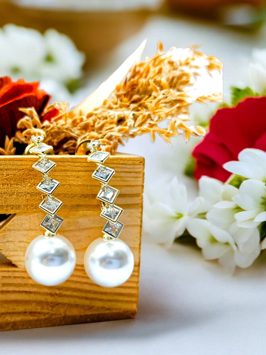 

Manikya Gold-Plated CZ Stone Studded Crescent Shaped Stainless Steel Drop Earrings