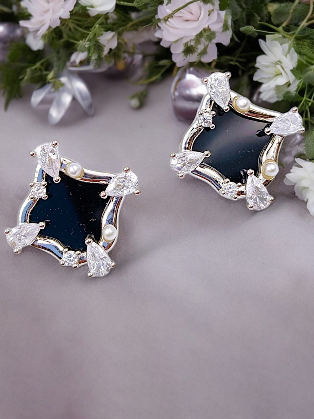 

Manikya Silver-Plated CZ Stone Studded Geometric Stainless Steel Studs Earrings