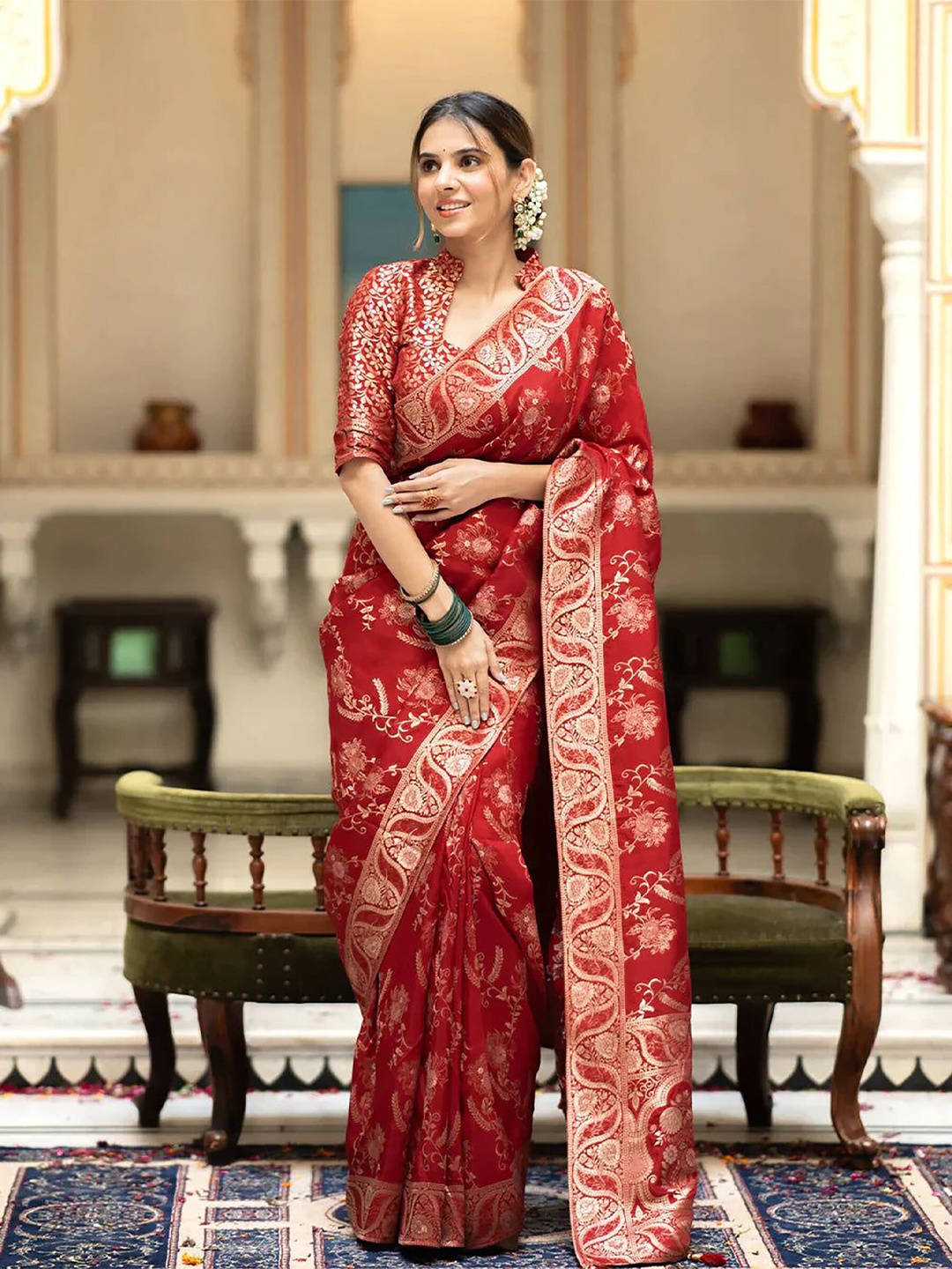 

Anjaneya Sarees Designer Banarasi Saree, Red