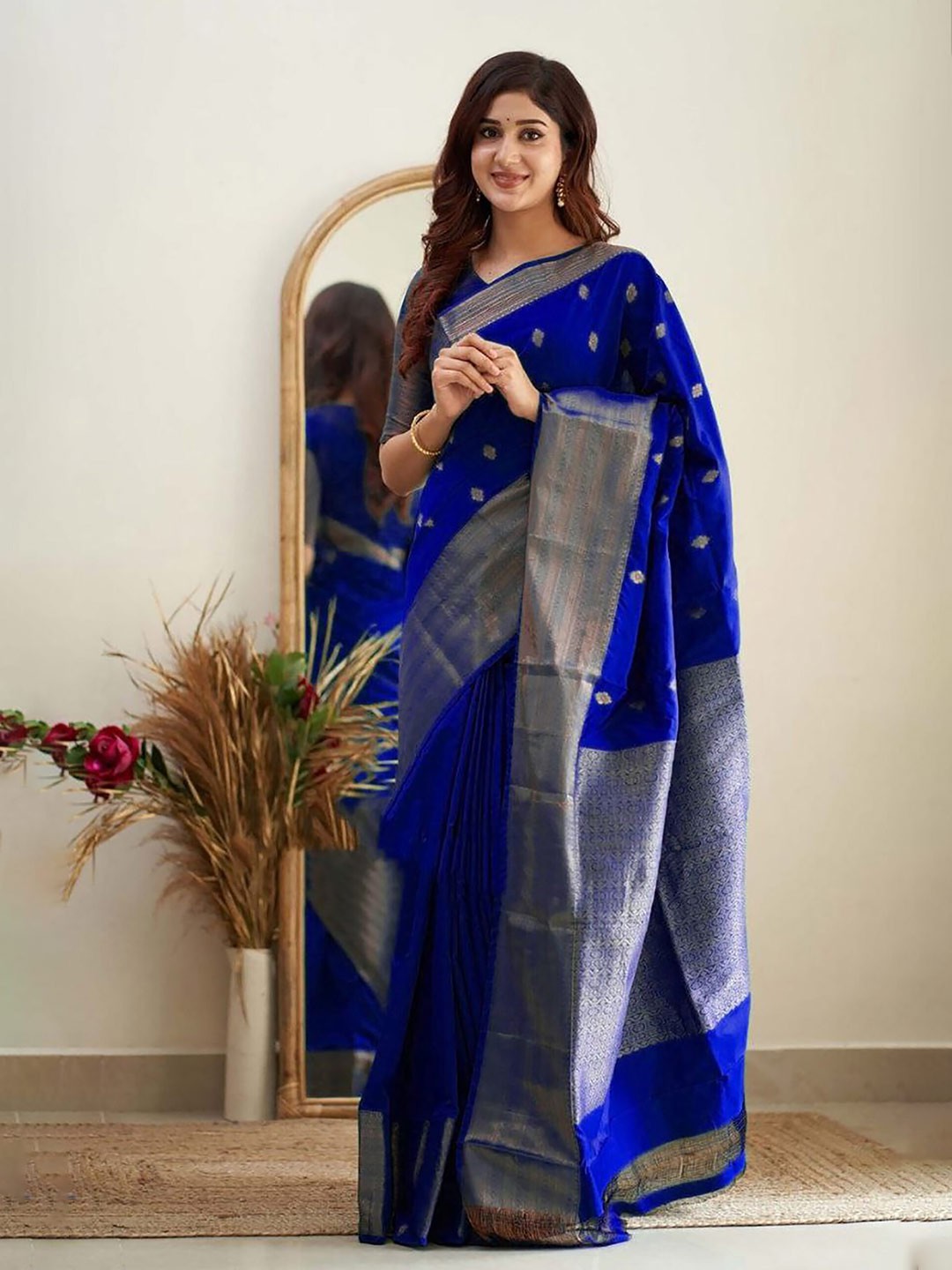 

Anjaneya Sarees Woven Design Ethnic Motifs Zari Banarasi Saree, Blue