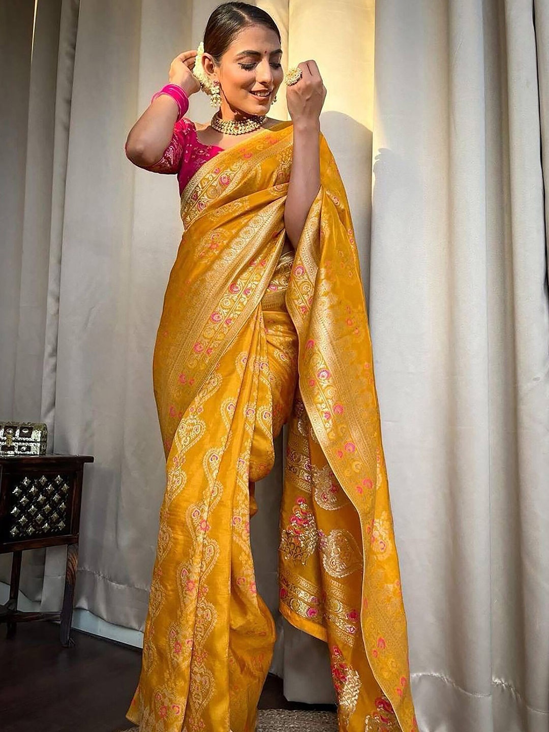 

Anjaneya Sarees Woven Design Ethnic Motifs Zari Banarasi Saree, Yellow
